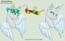 Size: 2526x1610 | Tagged: safe, artist:elementbases, derpibooru import, oc, unofficial characters only, alicorn, pony, alicorn oc, bald, base, blushing, bust, duo, eyelashes, female, floral head wreath, flower, gray background, horn, image, mare, png, simple background, wings