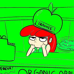 Size: 1024x1024 | Tagged: safe, artist:tjpones, derpibooru import, edit, apple bloom, equestria girls, apple, cash register, female, food, freckles, grayscale, grumpy, hand on chin, hat, image, monochrome, png, solo