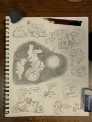 Size: 3024x4032 | Tagged: safe, artist:lost marbles, derpibooru import, pinkie pie, scootaloo, chihuahua, dog, earth pony, pony, rat, armor, fish bowl, high res, image, jpeg, money bag, moon, pencil drawing, rocket, sketchpad, sleeping, space, sword, traditional art, weapon