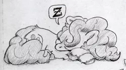 Size: 1338x751 | Tagged: safe, artist:lost marbles, derpibooru import, pinkie pie, earth pony, pony, female, image, jpeg, pencil drawing, simple background, sleeping, solo, solo female, traditional art, white background