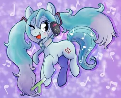Size: 655x530 | Tagged: safe, artist:therainbowtroll, derpibooru import, ponified, earth pony, pony, anime, hatsune miku, headphones, image, jpeg, leek, necktie, one eye closed, open mouth, open smile, smiling, vocaloid, wink