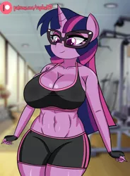 Size: 2840x3868 | Tagged: suggestive, alternate version, artist:raydonxd, derpibooru import, twilight sparkle, anthro, unicorn, belly button, breasts, busty twilight sparkle, clothes, female, fingerless gloves, glasses, gloves, gym, gym shorts, high res, image, png, solo, solo female, unicorn twilight