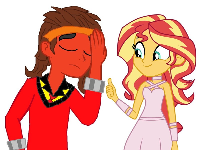 Size: 1124x842 | Tagged: safe, artist:robertsonskywa1, derpibooru import, sunset shimmer, oc, oc:mezma, oc:starbreaker firewalker, equestria girls, clothes, clothes swap, facepalmed, headband, hot rod, image, jpeg, photo, rodimus, thumbs up, transformers