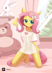 Size: 1000x1407 | Tagged: safe, artist:howxu, derpibooru import, fluttershy, anthro, plantigrade anthro, arm behind head, barefoot, bed, bedroom, blushing, clothes, cute, feet, hairpin, hand on hip, image, kneeling, plushie, png, shirt, shyabetes, stuffed animals, t-shirt, window
