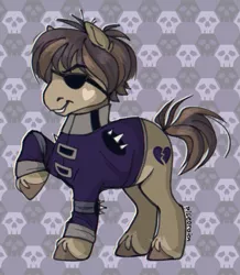 Size: 671x768 | Tagged: safe, artist:pigeorgien, derpibooru import, oc, oc:plutonium forever, unofficial characters only, earth pony, pony, clothes, evil grin, eyepatch, female, grin, image, mare, png, raised hoof, skull, smiling, solo, suit, unshorn fetlocks
