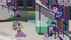 Size: 1280x720 | Tagged: safe, derpibooru import, edit, edited screencap, editor:quoterific, screencap, spike, twilight sparkle, dog, equestria girls, equestria girls (movie), boots, canterlot high, clothes, cutie mark, cutie mark on clothes, female, image, jpeg, male, open mouth, shoes, spike the dog, stairs