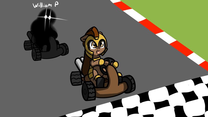 Size: 1920x1080 | Tagged: safe, alternate version, artist:neuro, oc, oc:honour bound, earth pony, pony, shadow pony, armor, car, crash team racing, driving, earth pony oc, female, finish line, glowing eyes, guardsmare, happy, helmet, hoof shoes, image, jpeg, mare, open mouth, racecar, racing, royal guard