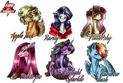 Size: 1596x1080 | Tagged: safe, artist:jvartes6112, derpibooru import, applejack, fluttershy, pinkie pie, rainbow dash, rarity, twilight sparkle, twilight sparkle (alicorn), alicorn, earth pony, pegasus, pony, unicorn, wolf, bust, eye scar, female, floral head wreath, flower, frown, hat, horn, image, injured, mane six, mare, pinkamena diane pie, png, scar, simple background, transparent background, wings