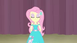 Size: 3410x1920 | Tagged: safe, derpibooru import, screencap, fluttershy, equestria girls, equestria girls series, fluttershy's butterflies, clothes, cute, cutie mark, cutie mark on clothes, eyes closed, female, fluttershy's butterflies: applejack, geode of fauna, hairpin, hands behind back, high res, image, jewelry, jpeg, magical geodes, necklace, shyabetes, smiling, solo