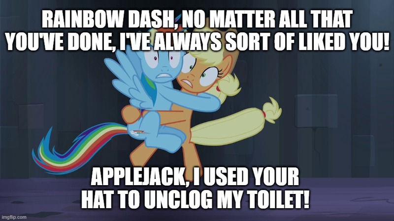 Size: 888x499 | Tagged: safe, derpibooru import, edit, edited screencap, screencap, applejack, rainbow dash, castle mane-ia, season 4, caption, graveyard shift, hug, image, image macro, imgflip, jpeg, meme, scared, spongebob squarepants, text