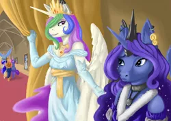 Size: 1280x905 | Tagged: safe, artist:blandy, derpibooru import, applejack, fluttershy, pinkie pie, princess celestia, princess luna, rainbow dash, rarity, twilight sparkle, alicorn, anthro, earth pony, pegasus, unicorn, breasts, castle, clothes, collar, crown, digital art, dress, evening gloves, female, females only, gloves, horn, image, jewelry, jpeg, long gloves, mane six, regalia, spread wings, wings