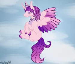 Size: 1750x1500 | Tagged: safe, artist:misskanabelle, derpibooru import, oc, oc:velvet dawn, unofficial characters only, alicorn, pony, abstract background, alicorn oc, ethereal mane, female, horn, image, mare, png, signature, solo, starry mane, two toned wings, unshorn fetlocks, wings