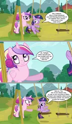 Size: 1142x1967 | Tagged: suggestive, artist:silverbuller, derpibooru import, edit, edited screencap, screencap, princess cadance, twilight sparkle, alicorn, pony, unicorn, a canterlot wedding, blushing, childhood innocence, comic, cutie mark, dialogue, duo, female, filly, filly twilight sparkle, horn, image, implied sex, implied shiningcadance, implied shipping, implied straight, png, screencap comic, speech bubble, swing set, teen princess cadance, text, wings, younger