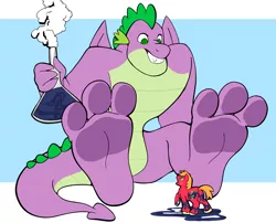 Size: 2732x2203 | Tagged: safe, artist:giantboonehusky, derpibooru import, big macintosh, spike, anthro, dragon, earth pony, plantigrade anthro, pony, barefoot, digital art, dragon wings, feet, high res, image, looking at each other, macro, male, older, older spike, png, potion, sitting, stallion, tail, wings