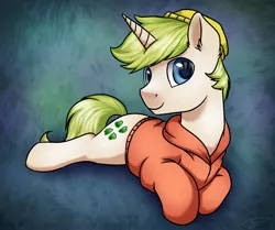 Size: 2412x2012 | Tagged: safe, artist:megabait, derpibooru import, oc, oc:markov, unofficial characters only, pony, unicorn, 4chan, high res, horn, image, jpeg, male, red hoodie, solo, stallion, unicorn oc, yellow hat