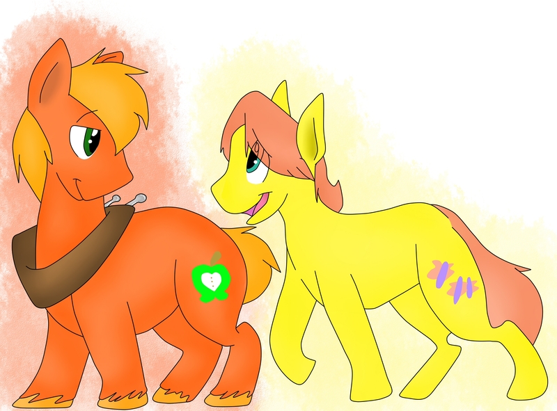 Size: 3005x2221 | Tagged: safe, artist:marmerso, derpibooru import, big macintosh, fluttershy, earth pony, pony, buttermac, butterscotch, female, fluttermac, gay, half r63 shipping, image, jpeg, looking at each other, male, rule 63, shipping, stallion, straight, wingless