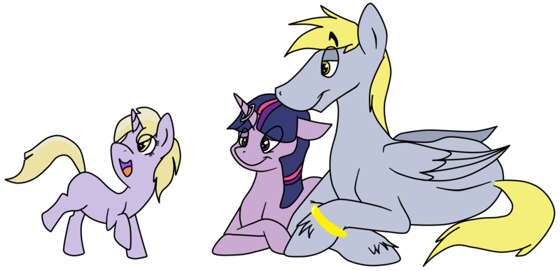 Size: 3147x1521 | Tagged: safe, artist:marmerso, derpibooru import, derpy hooves, dinky hooves, twilight sparkle, pegasus, pony, unicorn, dopey hooves, family, female, filly, half r63 shipping, horn, horn ring, image, jewelry, lesbian, lying down, male, mare, png, prone, ring, rule 63, shipping, stallion, straight, twerpy, twopey, wedding ring