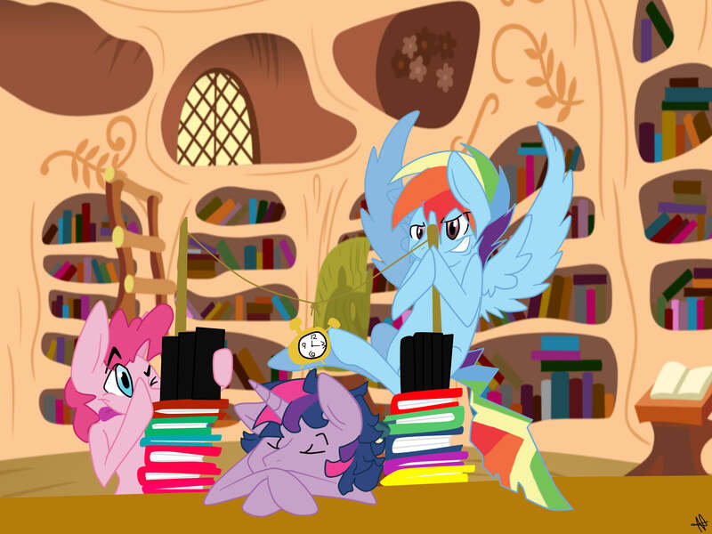 Size: 3648x2736 | Tagged: safe, artist:marmerso, derpibooru import, pinkie pie, rainbow dash, twilight sparkle, earth pony, pegasus, pony, unicorn, bubble berry, clock, dusk shine, golden oaks library, image, jpeg, library, male, prank, rainbow blitz, rule 63, sleeping, stallion, trio, unicorn twilight