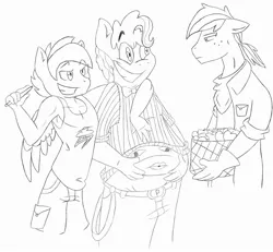 Size: 2560x2368 | Tagged: safe, artist:marmerso, derpibooru import, applejack, pinkie pie, rainbow dash, anthro, earth pony, pegasus, pony, apple, applejack (male), applejack is not amused, arm around neck, basket, belly button, black and white, bowtie, bubble berry, chubby, clothes, food, frown, grayscale, image, jpeg, male, monochrome, rainbow blitz, rule 63, simple background, smiling, stallion, tanktop, unamused, white background