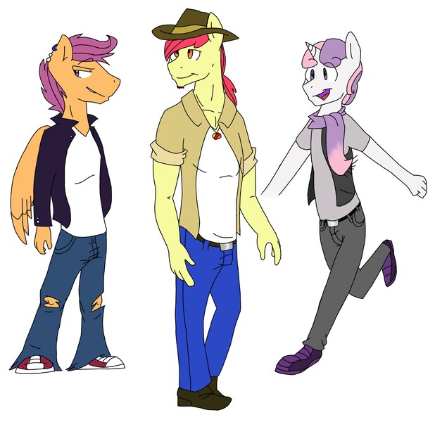 Size: 2240x2176 | Tagged: safe, artist:marmerso, derpibooru import, apple bloom, scootaloo, sweetie belle, anthro, earth pony, pegasus, pony, unicorn, applebuck, clothes, cowboy hat, cutie mark crusaders, facial hair, goatee, hat, image, jacket, jeans, jpeg, male, older, older apple bloom, older cmc, older scootaloo, older sweetie belle, pants, ripped pants, rule 63, scarf, scooteroll, silver bell, simple background, stallion, torn clothes, trio, white background