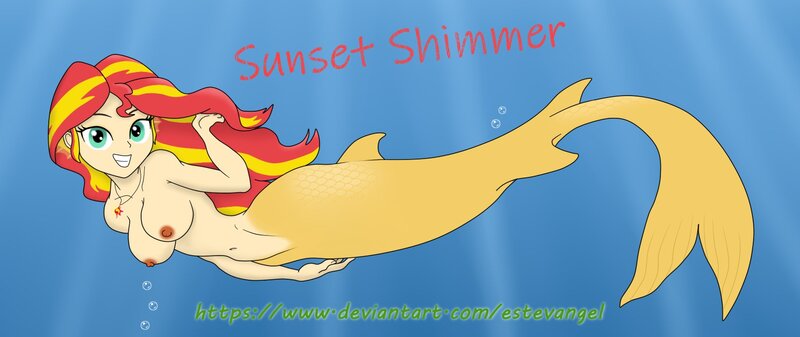 Size: 1690x712 | Tagged: questionable, alternate version, artist:estevangel, derpibooru import, sunset shimmer, human, mermaid, equestria girls, belly button, bubble, cutie mark accessory, cutie mark necklace, grin, humanized, image, jewelry, jpeg, looking at you, mermaidized, mermay, necklace, nipples, nudity, ocean, smiling, species swap, uncensored