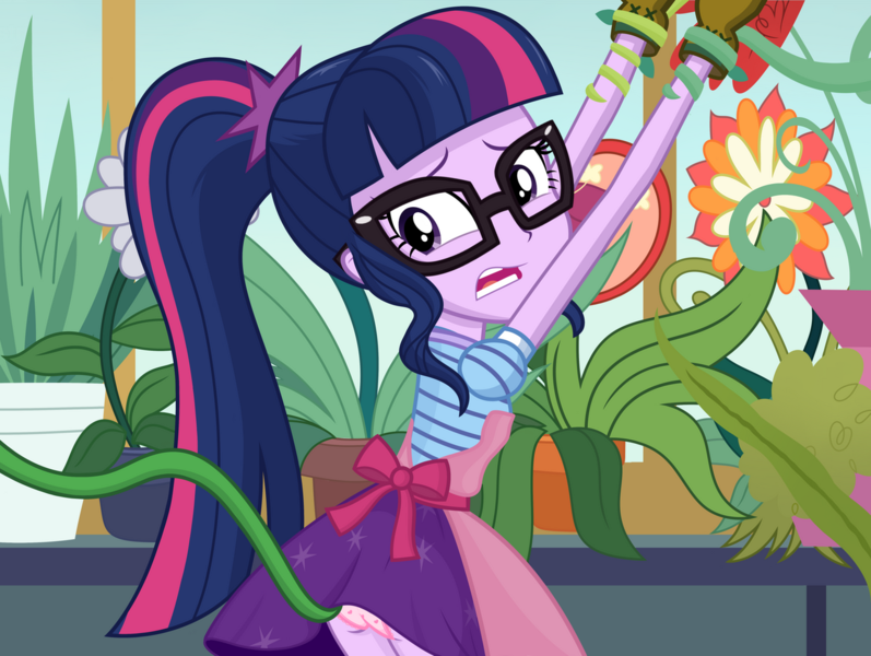 Size: 1280x964 | Tagged: suggestive, artist:daarkenn, derpibooru import, twilight sparkle, equestria girls, equestria girls series, my little shop of horrors, bondage, clothes, female, i've seen enough hentai to know where this is going, image, panties, plant, png, skirt, skirt lift, solo, solo female, tentacle bondage, tentacle porn, tentacles, underwear, upskirt, vine