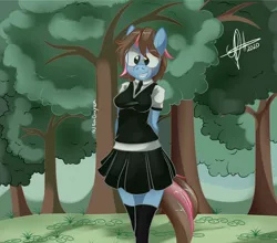 Size: 1280x1126 | Tagged: safe, artist:zcomic, derpibooru import, oc, unofficial characters only, anthro, earth pony, arm behind back, breasts, clothes, digital art, female, forest, glasses, image, jpeg, shirt, skirt, smiling, socks, solo, solo female, stockings, tail, thigh highs, thighs, tree