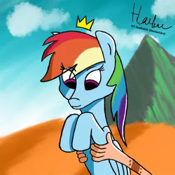 Size: 1080x1080 | Tagged: safe, artist:haekal20, derpibooru import, rainbow dash, human, pegasus, pony, holding a pony, image, jpeg