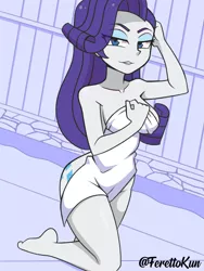 Size: 1000x1329 | Tagged: suggestive, artist:ferettokun, color edit, derpibooru import, edit, rarity, equestria girls, equestria girls series, bare shoulders, barefoot, bedroom eyes, breasts, busty rarity, colored, cutie mark, cutie mark on equestria girl, eyeshadow, feet, female, image, makeup, naked towel, png, signature, solo, solo female, towel