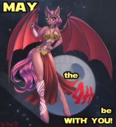 Size: 1166x1280 | Tagged: safe, artist:pony straponi, derpibooru import, oc, oc:delilah garnet, anthro, bat pony, unguligrade anthro, bat pony oc, bat wings, clothes, commission, crossover, female, full body, image, jpeg, maythe4th, princess leia, solo, space, star wars, wings