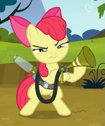 Size: 503x602 | Tagged: safe, derpibooru import, screencap, apple bloom, pony, bloom and gloom, angry, bipedal, cropped, female, filly, image, pest control gear, png, solo, twitbuster apple bloom