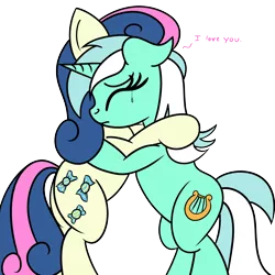 Size: 2000x2000 | Tagged: safe, artist:dafiltafish, derpibooru import, bon bon, lyra heartstrings, sweetie drops, earth pony, pony, unicorn, comic:day by day, bipedal, crying, dialogue, eyes closed, female, hug, image, lesbian, lyrabon, png, shipping, simple background, transparent background