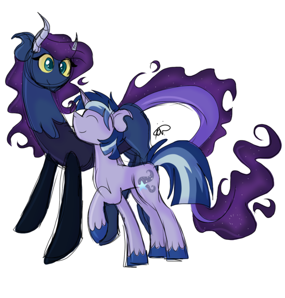 Size: 1919x2003 | Tagged: safe, artist:gallantserver, derpibooru import, oc, oc:artemis, oc:emeralda, unofficial characters only, draconequus, hybrid, pony, unicorn, image, interdimensional siblings, interspecies offspring, magical lesbian spawn, male, offspring, parent:discord, parent:princess luna, parent:twilight sparkle, parents:lunacord, parents:twiluna, png, simple background, stallion, transparent background