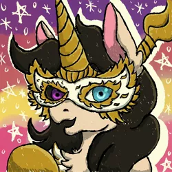 Size: 2048x2048 | Tagged: safe, artist:phutphitchaya, derpibooru import, oc, oc:golden hooves, unofficial characters only, pony, unicorn, abstract background, bust, chest fluff, female, hair wrap, heterochromia, horn, image, jpeg, mare, mask, smiling, solo, unicorn oc