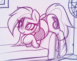 Size: 1566x1234 | Tagged: suggestive, artist:jetwave, derpibooru import, oc, oc:dala vault, unofficial characters only, earth pony, pony, bedroom eyes, butt, clothes, couch, earth pony oc, eyeshadow, face down ass up, female, hoof on chin, image, leaning forward, leaning on something, makeup, mare, monochrome, panties, plot, png, shirt, sketch, socks, solo, t-shirt, underwear
