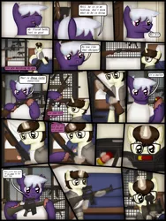 Size: 1750x2333 | Tagged: safe, artist:99999999000, derpibooru import, oc, oc:cwe, oc:firearm king, unofficial characters only, pony, unicorn, comic:visit, ar15, bed, clothes, comic, door, gun, image, male, mp5, png, shotgun, shotgun shell, submachinegun, weapon