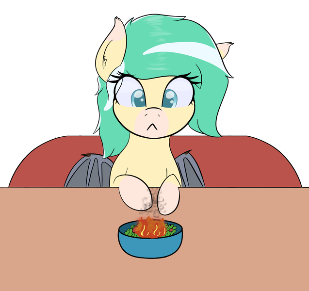 Size: 2395x2255 | Tagged: safe, artist:eyeburn, derpibooru import, oc, oc:icy breeze, bat pony, pony, :<, fire, food, image, png, salad