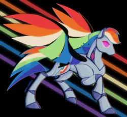 Size: 866x797 | Tagged: safe, artist:pigeorgien, derpibooru import, rainbow dash, pegasus, pony, robot, robot pony, abstract background, alternate cutie mark, colored wings, female, image, mare, multicolored wings, png, rainbot dash, rainbow wings, raised hoof, roboticization, solo, wings