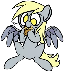 Size: 1635x1845 | Tagged: safe, artist:skookz, derpibooru import, derpy hooves, pegasus, pony, cute, eating, female, food, image, mare, muffin, png, simple background, sitting, solo, spread wings, text, transparent background, wings