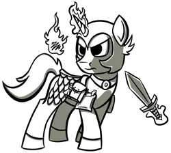 Size: 1450x1300 | Tagged: safe, artist:skookz, derpibooru import, oc, unofficial characters only, pony, unicorn, armor, bag, black and white, grayscale, image, jewelry, magic, male, monochrome, necklace, png, saddle bag, simple background, solo, stallion, sword, transparent background, weapon