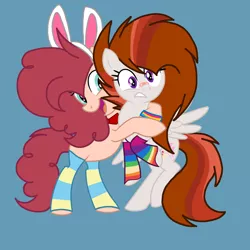 Size: 2756x2756 | Tagged: safe, derpibooru import, oc, oc:bunny palooza, oc:dusky blitz, earth pony, pegasus, pony, bandaid, base used, bipedal, bowtie, bracelet, bunny ears, clothes, duskyverse, hug, image, jewelry, next generation, pansexual, pansexual pride flag, parent:breanna, parent:cheese sandwich, parent:pinkie pie, parent:rainbow dash, png, pride, pride flag, rainbow socks, socks, striped socks