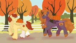 Size: 1280x732 | Tagged: safe, artist:itstechtock, derpibooru import, oc, oc:fall harvest, oc:witch hazel, unofficial characters only, kirin, pegasus, pony, female, image, jpeg, mare, parent:apple bumpkin, parent:fern flare, parent:inky rose, parent:soarin', tree