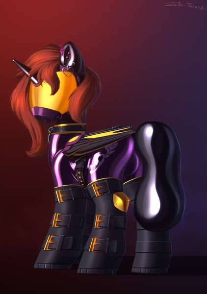 Size: 1900x2700 | Tagged: suggestive, artist:shido-tara, derpibooru import, oc, oc:chloe adore, pony, unicorn, boots, clothes, collar, cyber wings, ear piercing, earring, female, gas mask, image, jewelry, jpeg, latex, latex suit, mare, mask, piercing, rubber drone, shadowbolt drone, shadowbolts, shoes, solo, wings