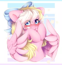 Size: 3519x3700 | Tagged: safe, artist:sweesear, derpibooru import, oc, oc:bay breeze, unofficial characters only, pegasus, pony, blushing, bow, cute, eye clipping through hair, female, hair bow, image, looking at you, mare, ocbetes, png, signature, simple background, solo, spread wings, wings