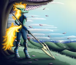 Size: 2537x2160 | Tagged: safe, artist:bomzzzik, derpibooru import, tianhuo, anthro, dragon, hybrid, longma, them's fightin' herds, armor, community related, digital art, dragoness, fantasy class, female, halberd, image, png, solo, solo female, warrior, weapon