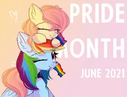 Size: 1280x977 | Tagged: safe, artist:janelearts, derpibooru import, fluttershy, rainbow dash, pony, female, flutterdash, image, jpeg, lesbian, mouth hold, pride flag, shipping