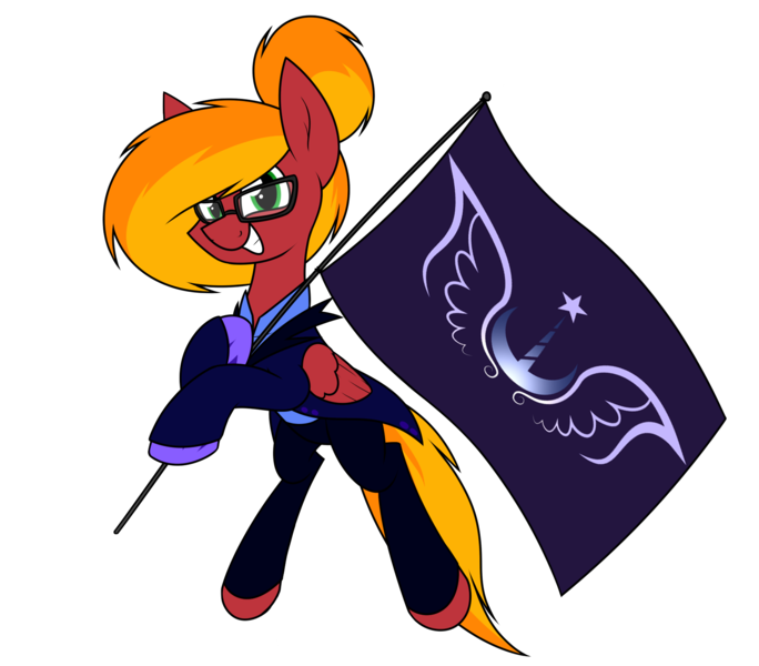 Size: 1729x1516 | Tagged: safe, alternate version, artist:moonatik, derpibooru import, oc, oc:moonatik, unofficial characters only, pegasus, pony, alternate timeline, clothes, flag, glasses, gloves, hair bun, image, jacket, looking at you, male, nightmare takeover timeline, pegasus oc, png, shirt, simple background, solo, stallion, transparent background, wings