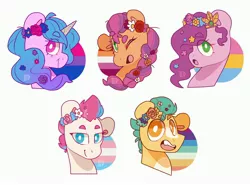 Size: 4096x3028 | Tagged: safe, artist:cocopudu, derpibooru import, hitch trailblazer, izzy moonbow, pipp petals, sunny starscout, zipp storm, earth pony, pegasus, pony, unicorn, bisexual pride flag, blaze (coat marking), braid, bust, coat markings, facial markings, female, floppy ears, flower, flower in hair, g5, gay pride flag, high res, image, jpeg, lesbian pride flag, looking at you, male, mane five (g5), mare, one eye closed, open mouth, pale belly, pansexual pride flag, pride, pride flag, pride month, simple background, stallion, transgender pride flag, white background, wink