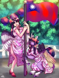 Size: 903x1187 | Tagged: safe, artist:malinraf1615, derpibooru import, twilight sparkle, twilight sparkle (alicorn), alicorn, human, pony, alicorn humanization, alternate hairstyle, asian, clothes, commission, curved horn, dress, duo, female, fence, flag, high heels, horn, horned humanization, human ponidox, humanized, image, lantern, leonine tail, lipstick, makeup, mare, markings, nail polish, national flag, png, pun, raised hoof, self paradox, self ponidox, shoes, sitting, taiwan, taiwanese, tree, unshorn fetlocks, water, winged humanization, wings