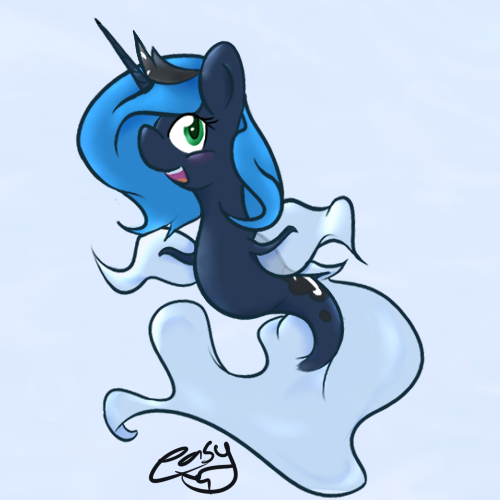 Size: 500x500 | Tagged: safe, artist:easyfox7, derpibooru import, princess luna, alicorn, pony, sea pony, blue background, blue mane, crown, dorsal fin, female, fins, fish tail, green eyes, horn, image, jewelry, open mouth, png, regalia, seaponified, seapony luna, signature, simple background, smiling, solo, species swap, tail